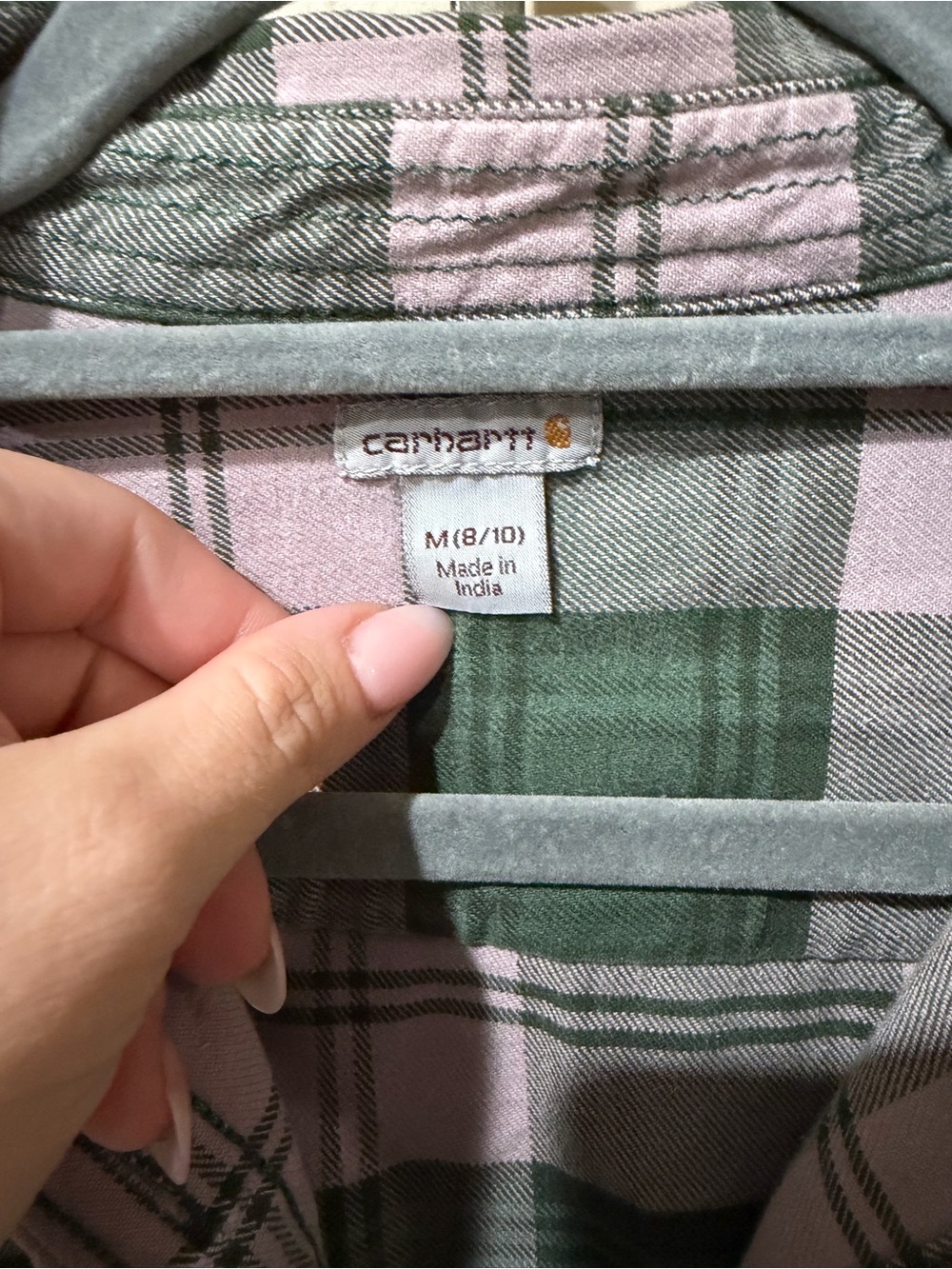 Carhartt Women's Green and Lavender Plaid Flannel Shirt - size M - Picture 3 of 3